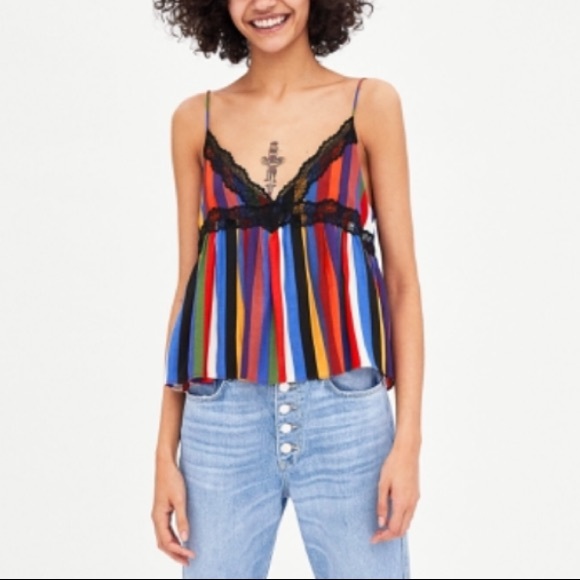 Zara Tops Zara Striped Tank Top With Black Lace Detail Poshmark